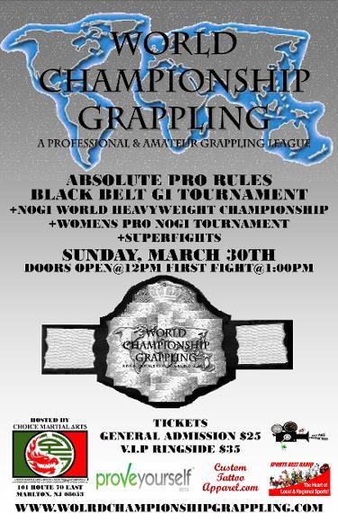 world championship grappling presents an Absolute Pro Black Belt Tournament plus Superfights including the heavyweight world championship title