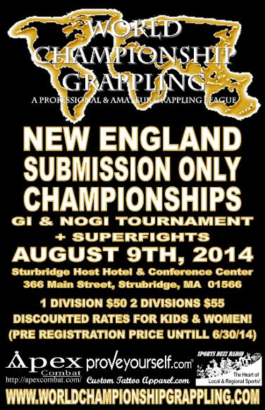 world championship grappling presents the New England Submission Only Championship- Gi and Nogi Tournament plus Superfights